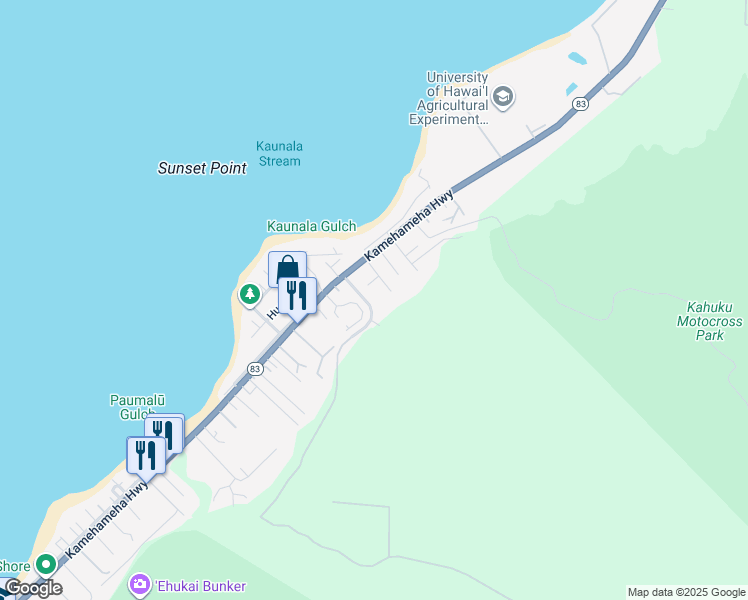 map of restaurants, bars, coffee shops, grocery stores, and more near 348 Comsat Road in Haleiwa