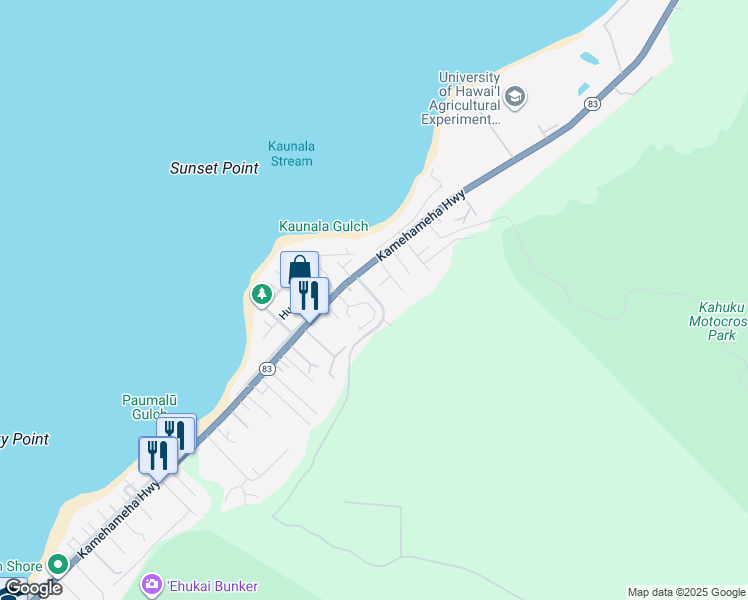 map of restaurants, bars, coffee shops, grocery stores, and more near 58-145 Wehiwa Place in Haleiwa