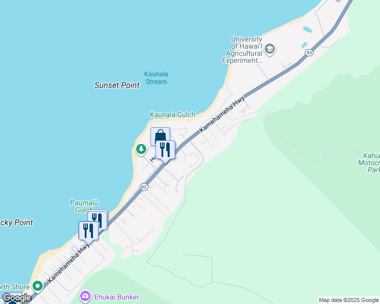map of restaurants, bars, coffee shops, grocery stores, and more near 58-145 Wehiwa Place in Haleiwa