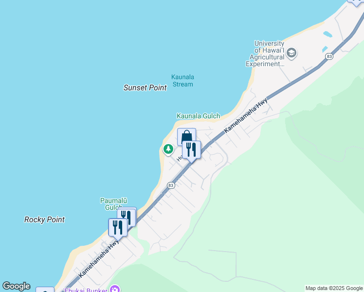 map of restaurants, bars, coffee shops, grocery stores, and more near 59-8 Holawa Street in Haleiwa