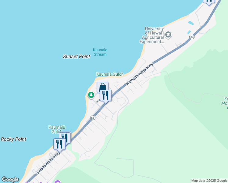 map of restaurants, bars, coffee shops, grocery stores, and more near 58-40 Kapuai Place in Haleiwa