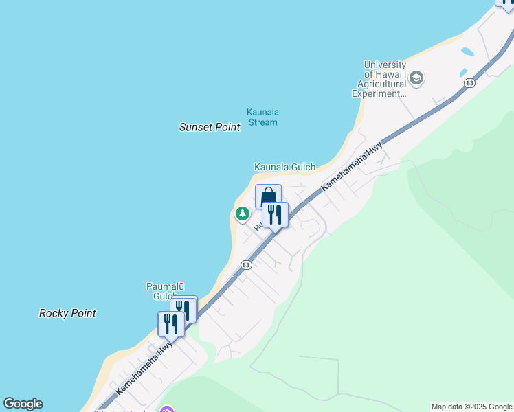 map of restaurants, bars, coffee shops, grocery stores, and more near 59-8 Holawa Street in Haleiwa