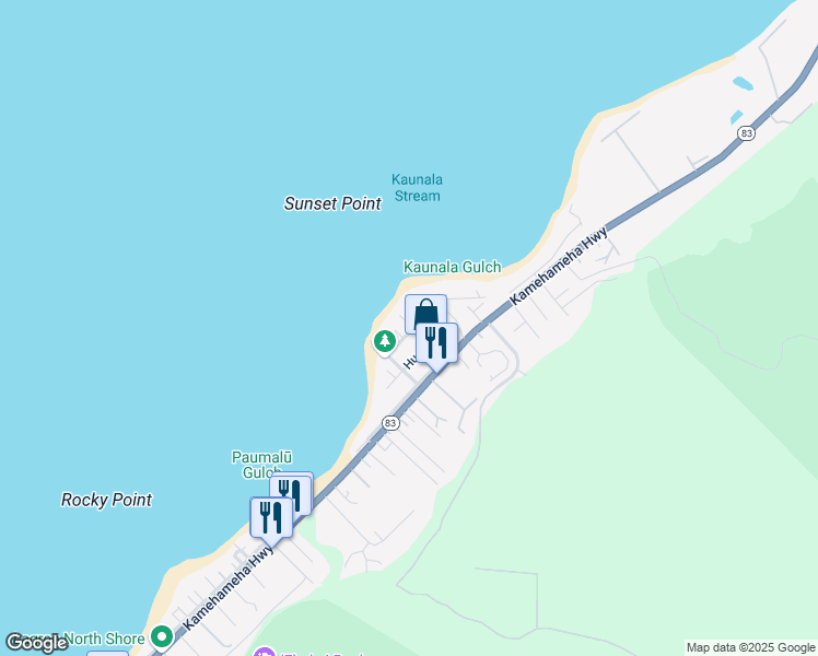 map of restaurants, bars, coffee shops, grocery stores, and more near 59-8 Holawa Street in Haleiwa