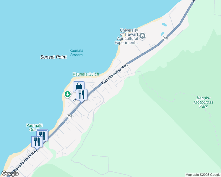 map of restaurants, bars, coffee shops, grocery stores, and more near 58-130 Mamao Street in Haleiwa