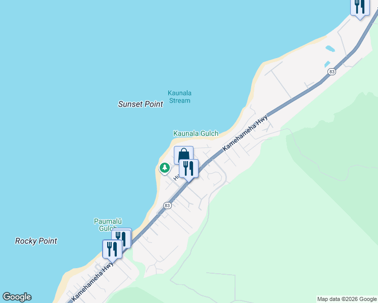 map of restaurants, bars, coffee shops, grocery stores, and more near 58-23 Kapuai Place in Haleiwa