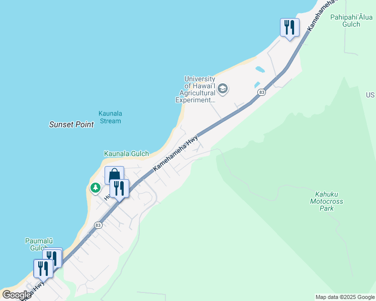 map of restaurants, bars, coffee shops, grocery stores, and more near 58-126 Napoonala Place in Haleiwa