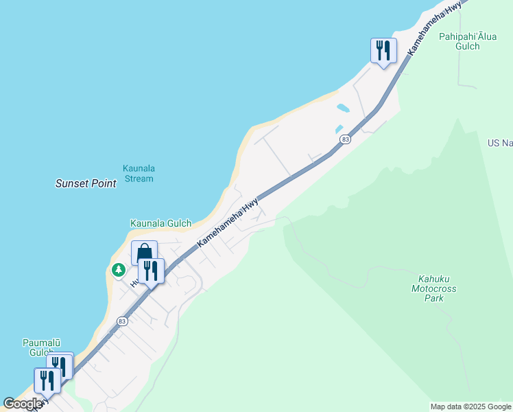 map of restaurants, bars, coffee shops, grocery stores, and more near 58-250 Kamehameha Highway in Haleiwa