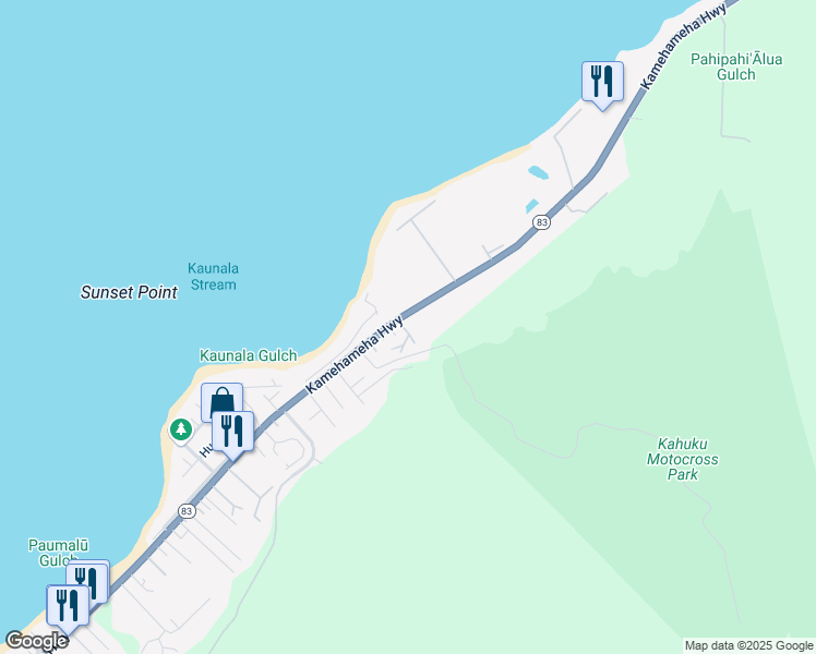 map of restaurants, bars, coffee shops, grocery stores, and more near 58-250 Kamehameha Highway in Haleiwa