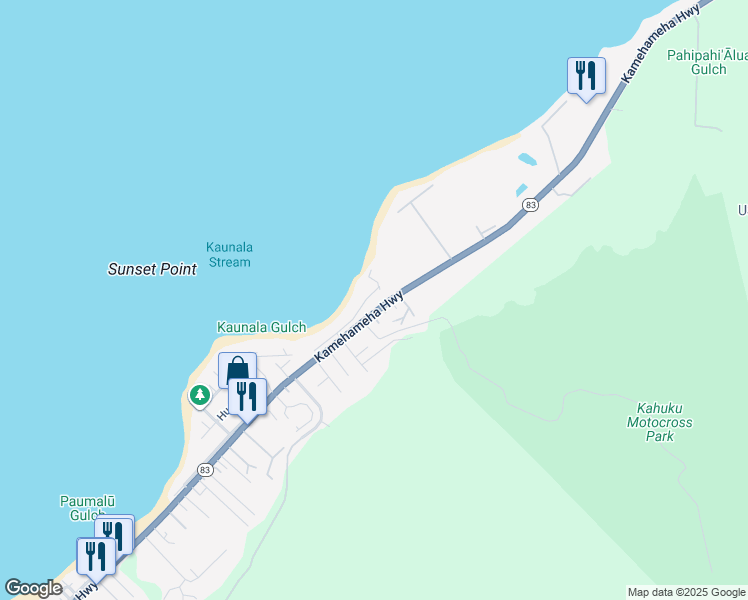 map of restaurants, bars, coffee shops, grocery stores, and more near 58-126 Napoonala Place in Haleiwa