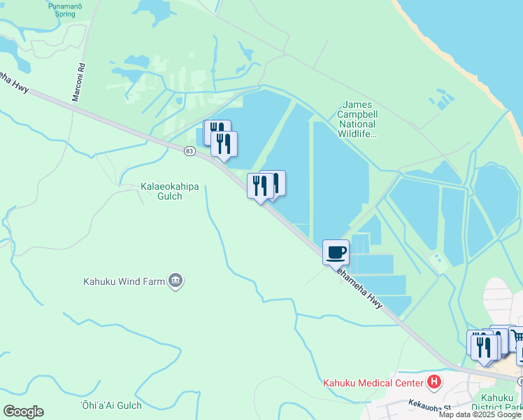map of restaurants, bars, coffee shops, grocery stores, and more near 56 Kamehameha Highway in Kahuku