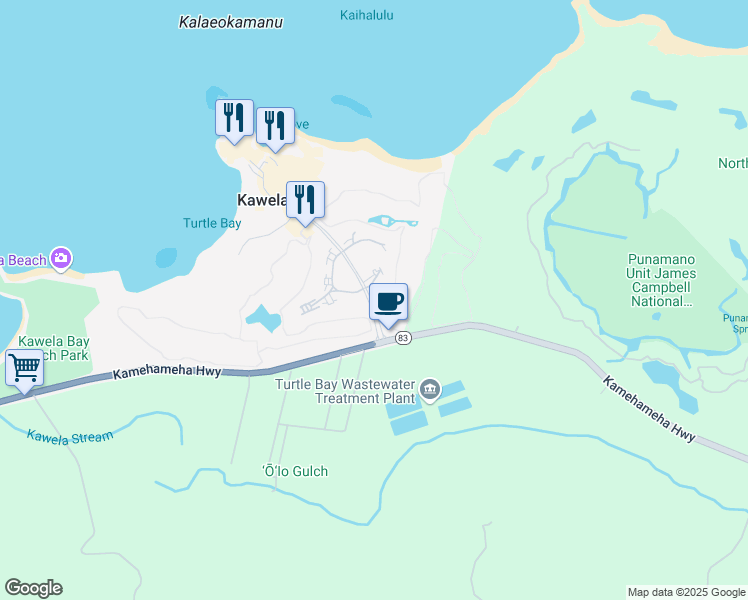 map of restaurants, bars, coffee shops, grocery stores, and more near in Kawela Bay