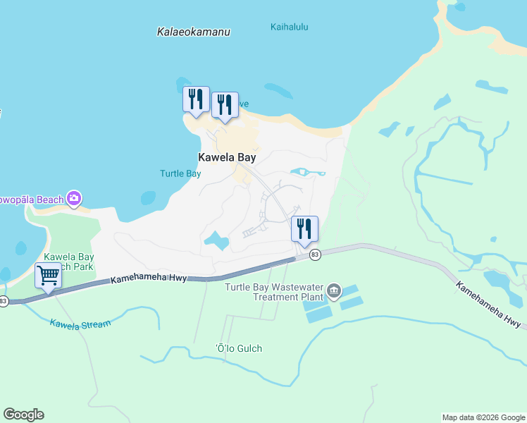 map of restaurants, bars, coffee shops, grocery stores, and more near 57 West Kuilima Loop in Kahuku