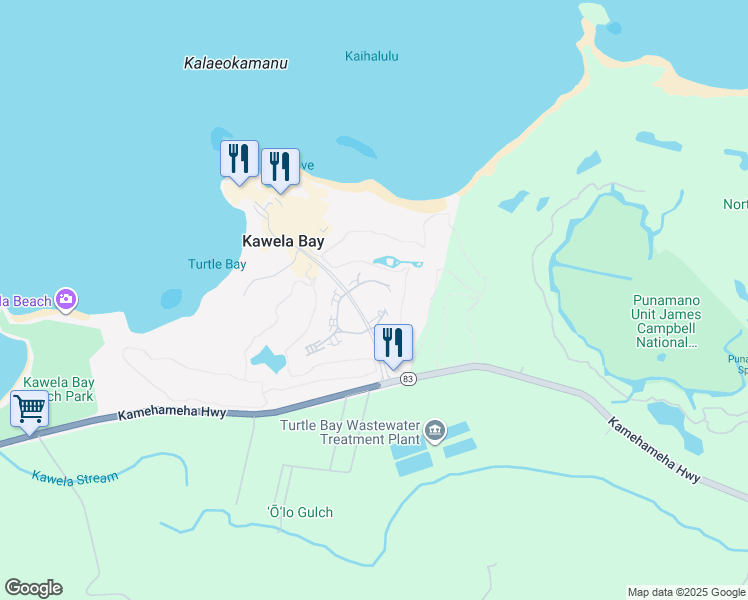 map of restaurants, bars, coffee shops, grocery stores, and more near 57-77 Eleku Kuilima Place in Kahuku