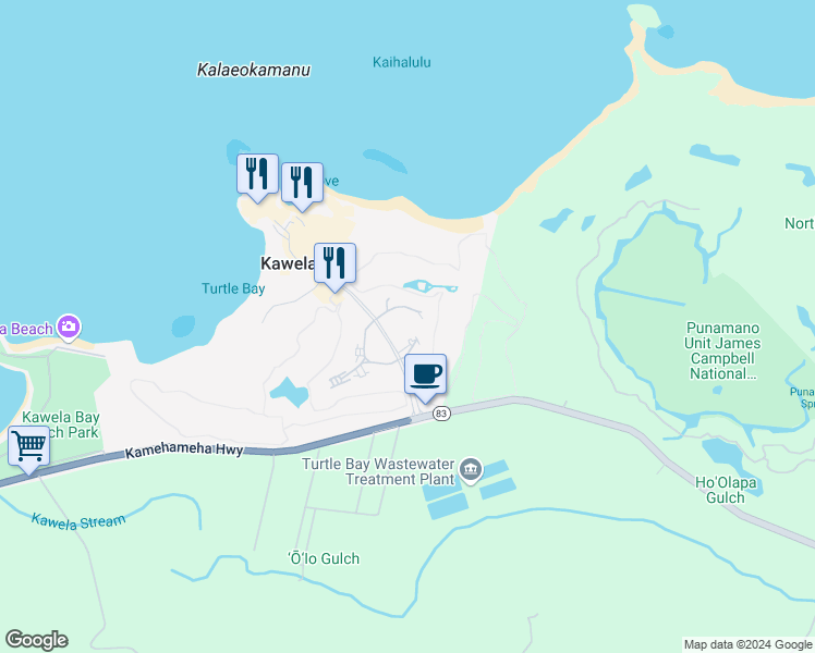 map of restaurants, bars, coffee shops, grocery stores, and more near 57-86 Eleku Kuilima Place in Kahuku