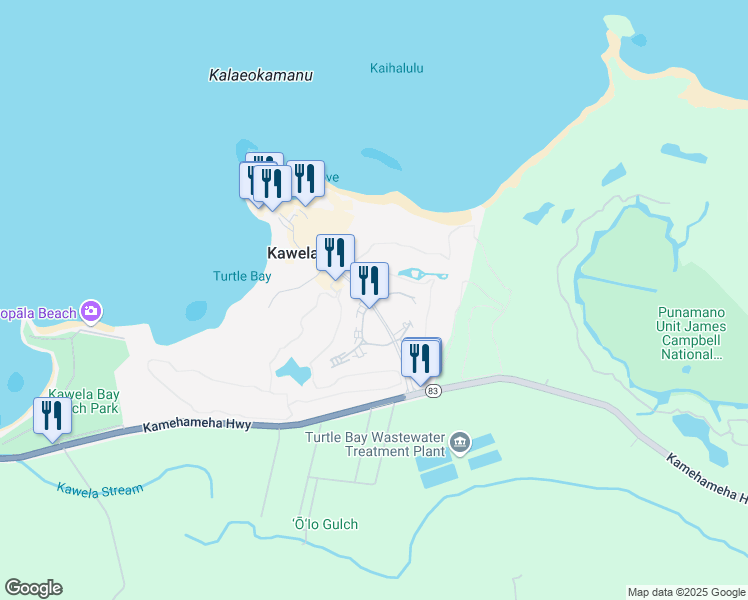 map of restaurants, bars, coffee shops, grocery stores, and more near 57 Kuilima Drive in Kahuku