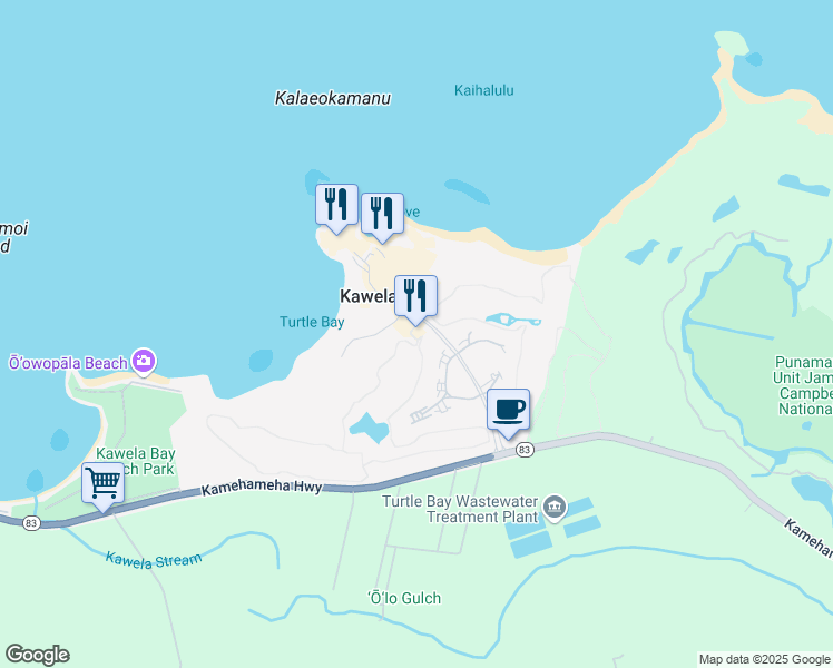map of restaurants, bars, coffee shops, grocery stores, and more near 57 Kuilima Drive in Kahuku