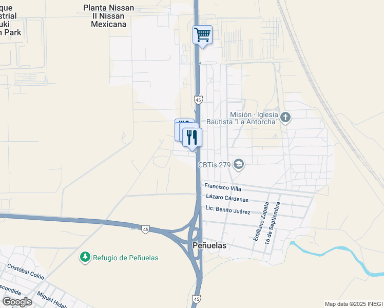 map of restaurants, bars, coffee shops, grocery stores, and more near KM. 112 Carretera Federal 45 in Aguascalientes