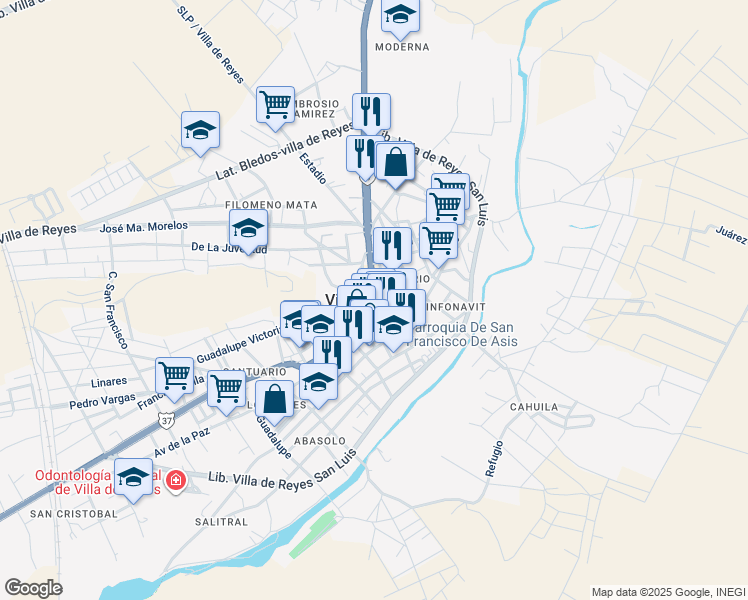 map of restaurants, bars, coffee shops, grocery stores, and more near in Villa de Reyes