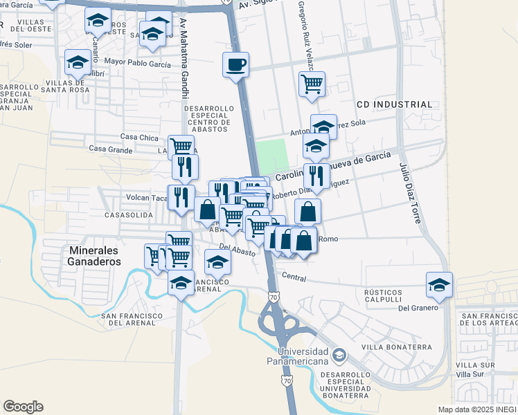 map of restaurants, bars, coffee shops, grocery stores, and more near León - Aguascalientes in Aguascalientes