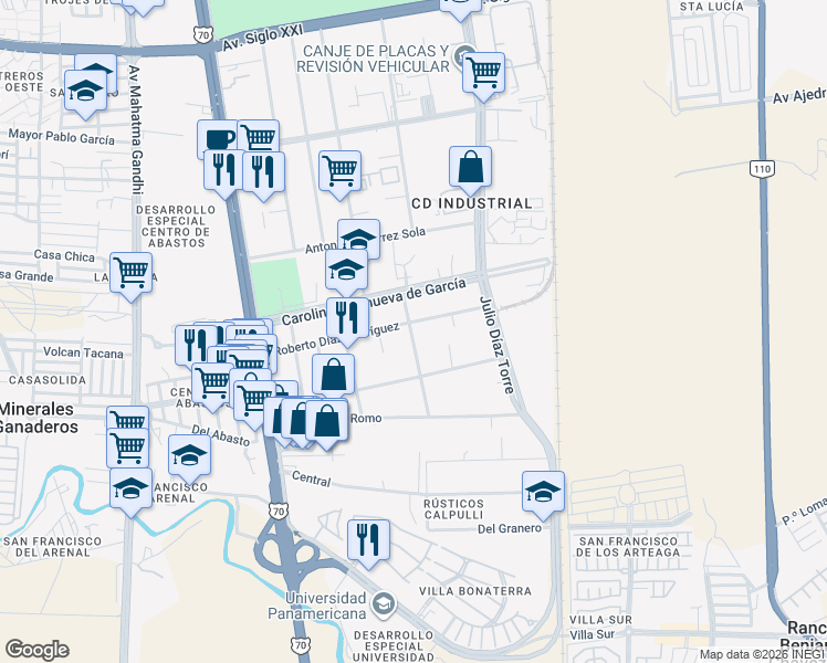map of restaurants, bars, coffee shops, grocery stores, and more near 401 Roberto Díaz Rodríguez in Aguascalientes