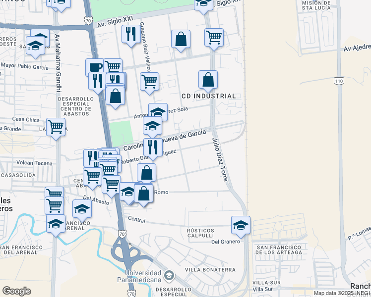 map of restaurants, bars, coffee shops, grocery stores, and more near 401 Roberto Díaz Rodríguez in Aguascalientes