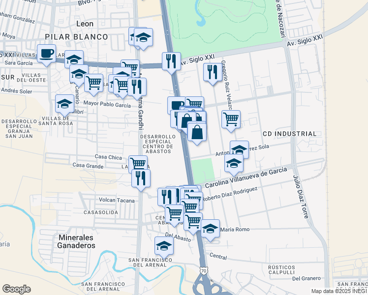 map of restaurants, bars, coffee shops, grocery stores, and more near León - Aguascalientes in Aguascalientes