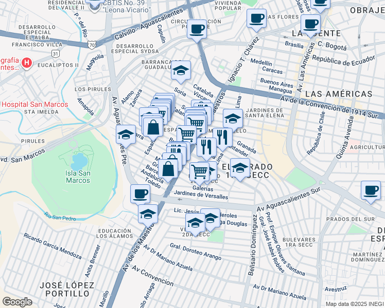 map of restaurants, bars, coffee shops, grocery stores, and more near 7 Profesor Enrique Olivares Santana in Aguascalientes