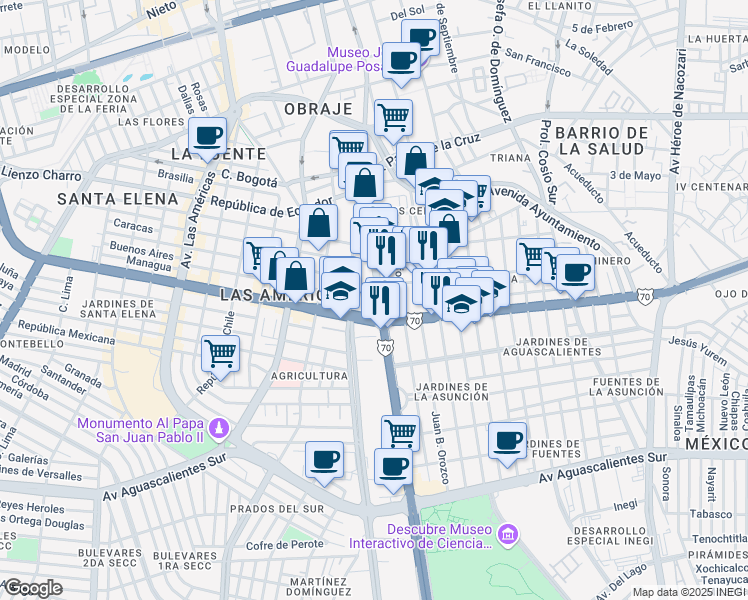 map of restaurants, bars, coffee shops, grocery stores, and more near 1215 Avenida José María Chávez in Aguascalientes