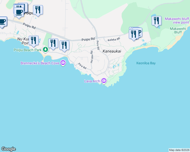 map of restaurants, bars, coffee shops, grocery stores, and more near 1697 Pe'e Road in Koloa