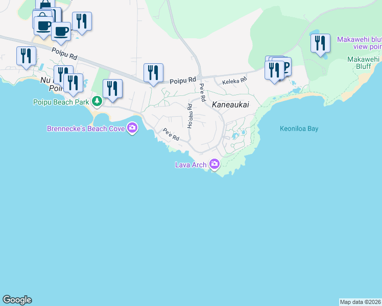 map of restaurants, bars, coffee shops, grocery stores, and more near 1711 Pe'e Road in Koloa