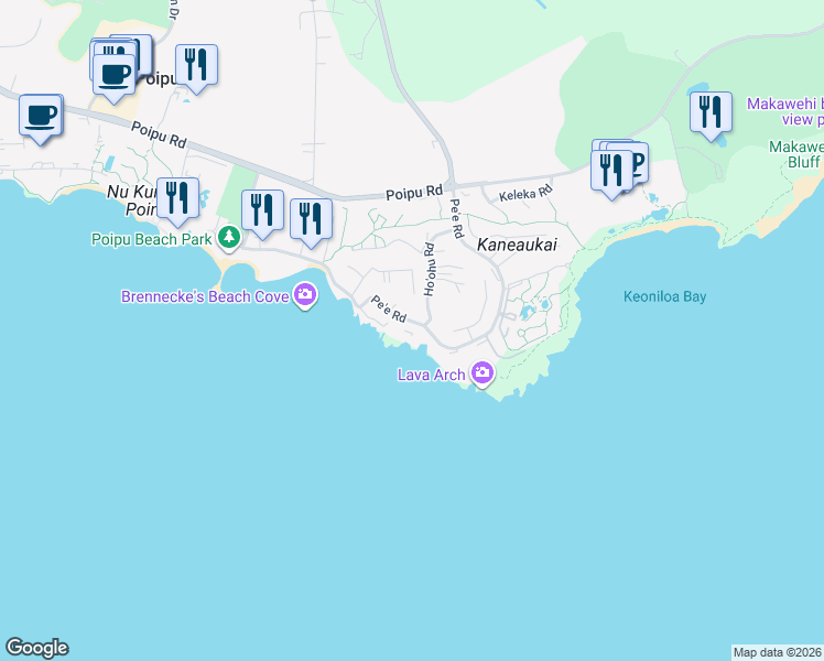 map of restaurants, bars, coffee shops, grocery stores, and more near 2261 Ho'ohu Road in Koloa