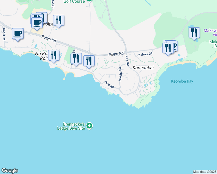 map of restaurants, bars, coffee shops, grocery stores, and more near 1811 Pe'e Road in Koloa