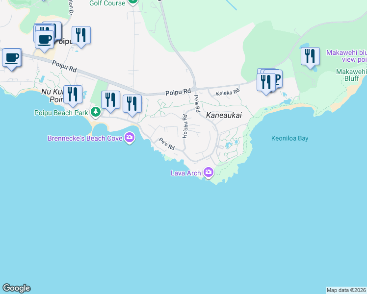 map of restaurants, bars, coffee shops, grocery stores, and more near 2261 Ho'ohu Road in Koloa