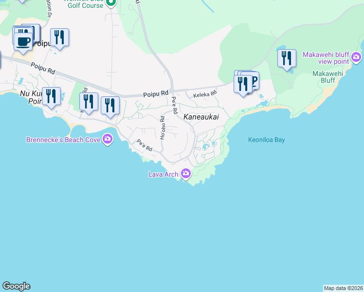 map of restaurants, bars, coffee shops, grocery stores, and more near 1624A Makanui Road in Koloa