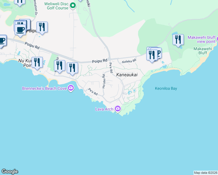 map of restaurants, bars, coffee shops, grocery stores, and more near 1624A Makanui Road in Koloa