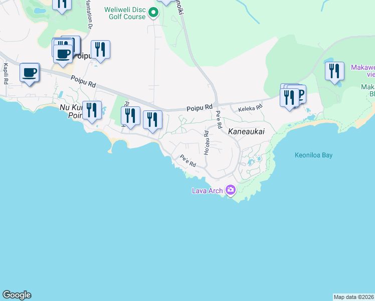 map of restaurants, bars, coffee shops, grocery stores, and more near 1870 Hoone Road in Koloa