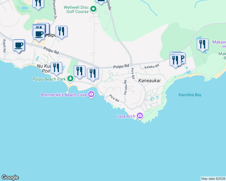 map of restaurants, bars, coffee shops, grocery stores, and more near 1870 Hoone Road in Koloa