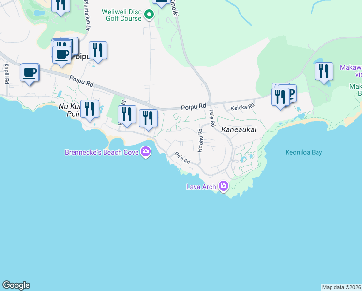 map of restaurants, bars, coffee shops, grocery stores, and more near 1870 Hoone Road in Koloa