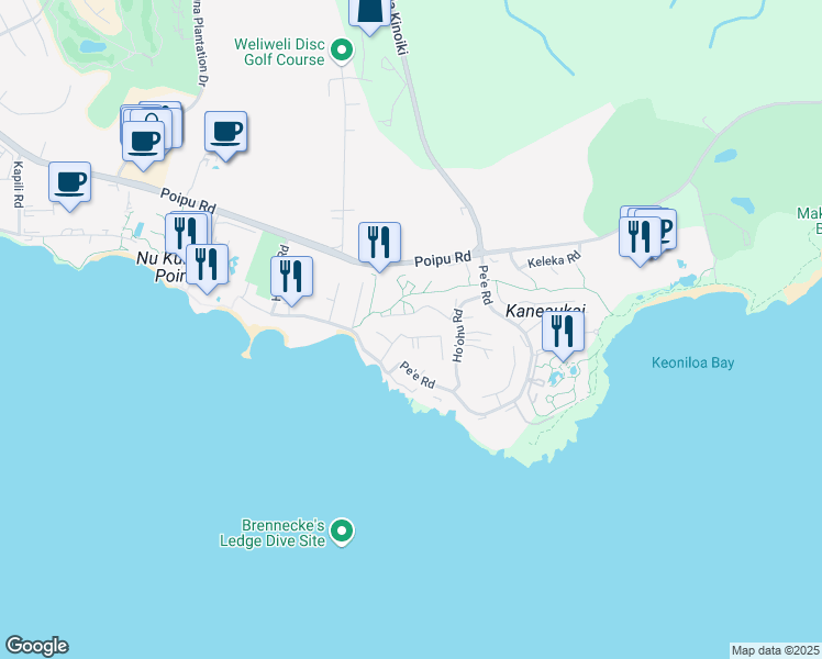 map of restaurants, bars, coffee shops, grocery stores, and more near 2291 Nalo Road in Koloa