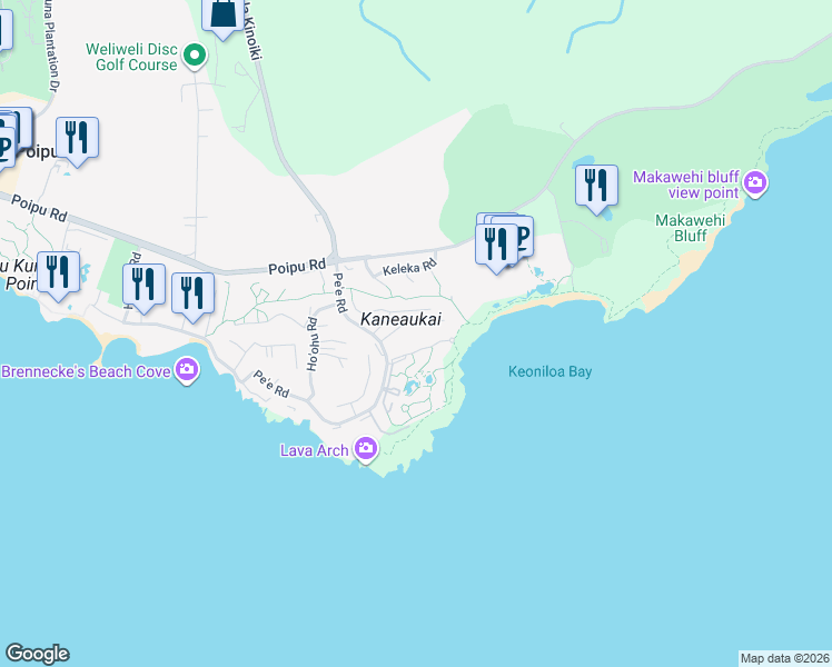 map of restaurants, bars, coffee shops, grocery stores, and more near 1565 Pe'e Road in Koloa