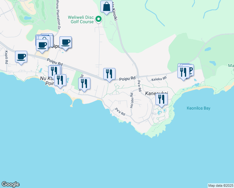 map of restaurants, bars, coffee shops, grocery stores, and more near 2371 Ho'ohu Road in Koloa