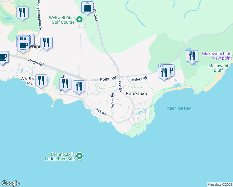 map of restaurants, bars, coffee shops, grocery stores, and more near 2381 Ho'ohu Road in Koloa