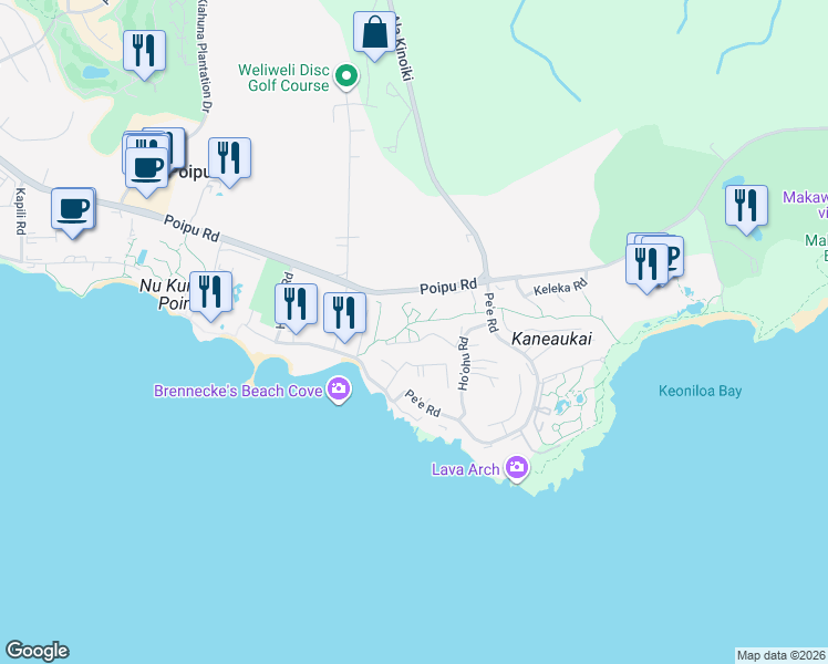 map of restaurants, bars, coffee shops, grocery stores, and more near 2371 Ho'ohu Road in Koloa