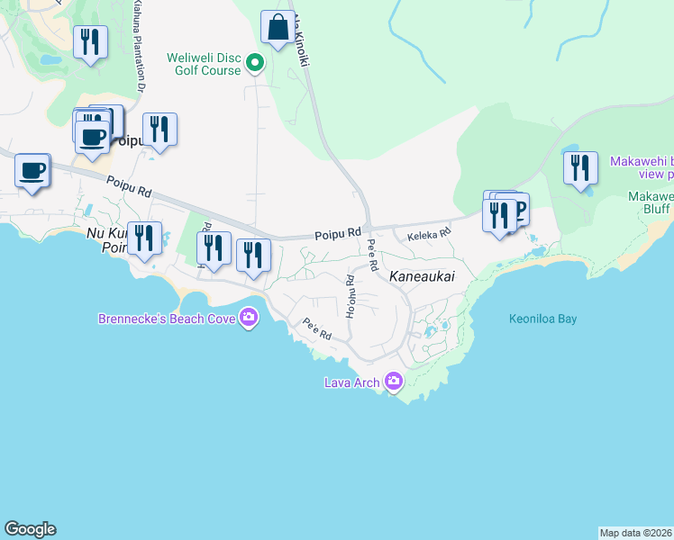 map of restaurants, bars, coffee shops, grocery stores, and more near 2381 Ho'ohu Road in Koloa