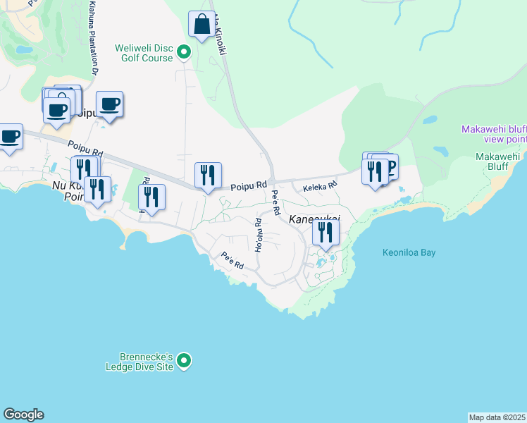 map of restaurants, bars, coffee shops, grocery stores, and more near 2381 Ho'ohu Road in Koloa