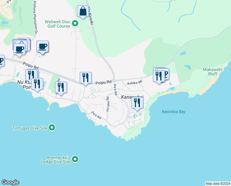 map of restaurants, bars, coffee shops, grocery stores, and more near 422 Pe'e Road in Koloa
