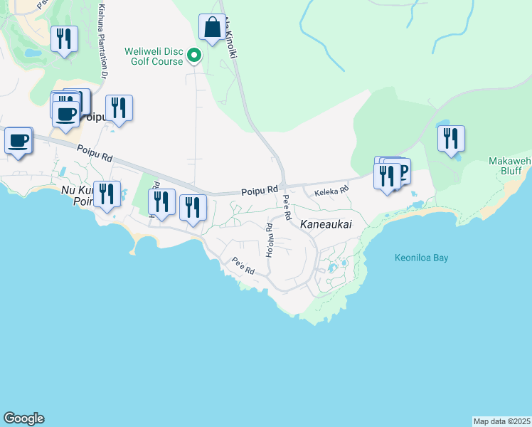 map of restaurants, bars, coffee shops, grocery stores, and more near 2381 Ho'ohu Road in Koloa