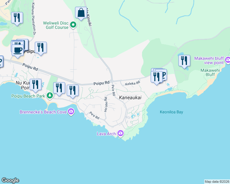 map of restaurants, bars, coffee shops, grocery stores, and more near 1755 Kelaukia Street in Koloa
