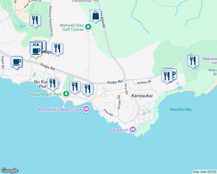 map of restaurants, bars, coffee shops, grocery stores, and more near 2371 Ho'ohu Road in Koloa