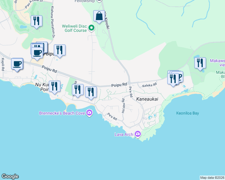 map of restaurants, bars, coffee shops, grocery stores, and more near 2371 Ho'ohu Road in Koloa